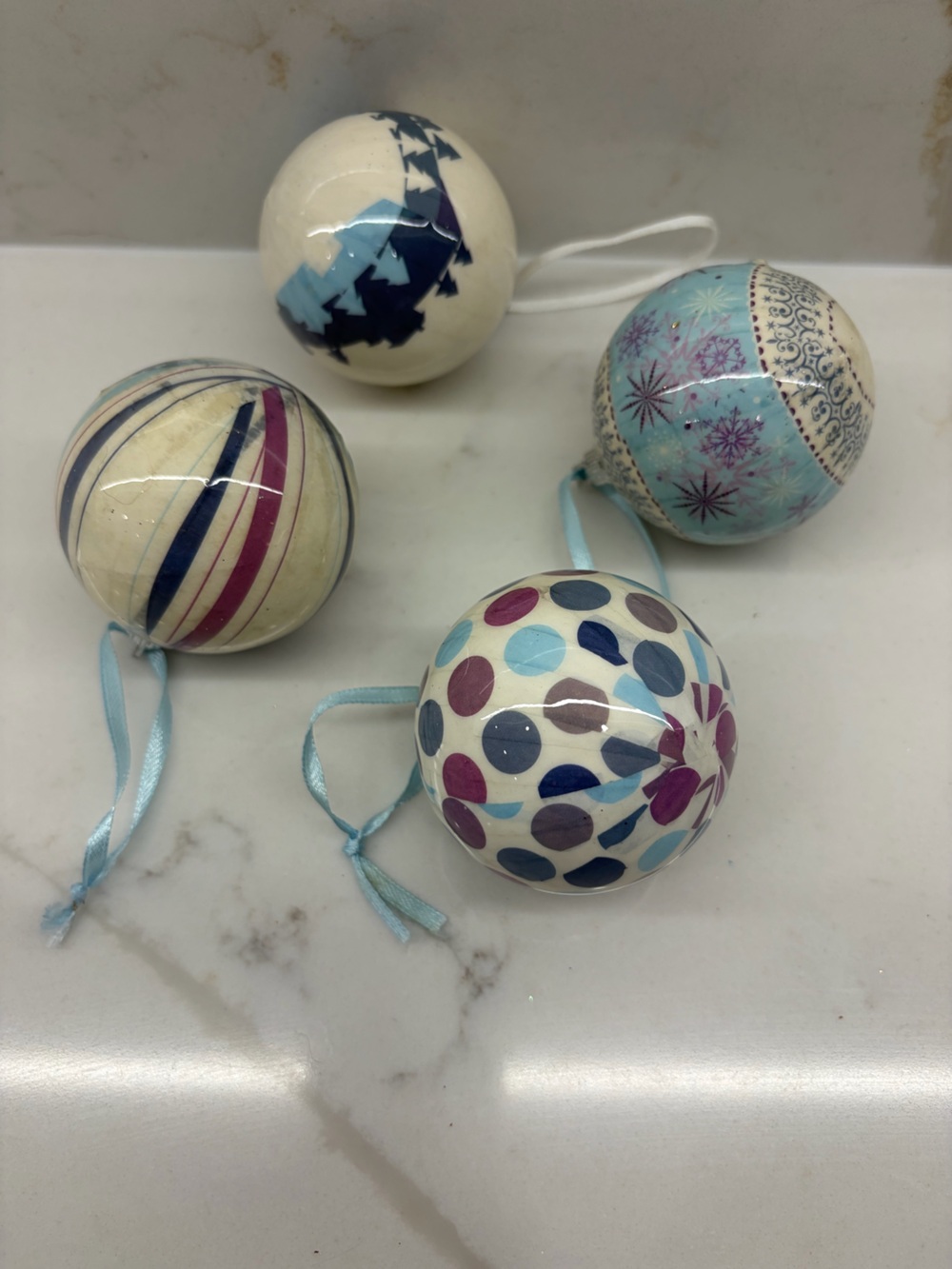 4 Paper Mache Look Holiday Ornament Set in Multi-Pattern Blue Purple Patterns